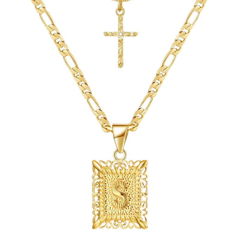 Collana con doppia catena cava con lettera quadrata dorata e croce - S - image 21