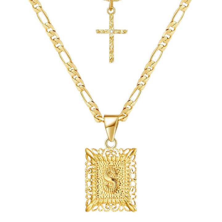Collana con doppia catena cava con lettera quadrata dorata e croce - S - image 21