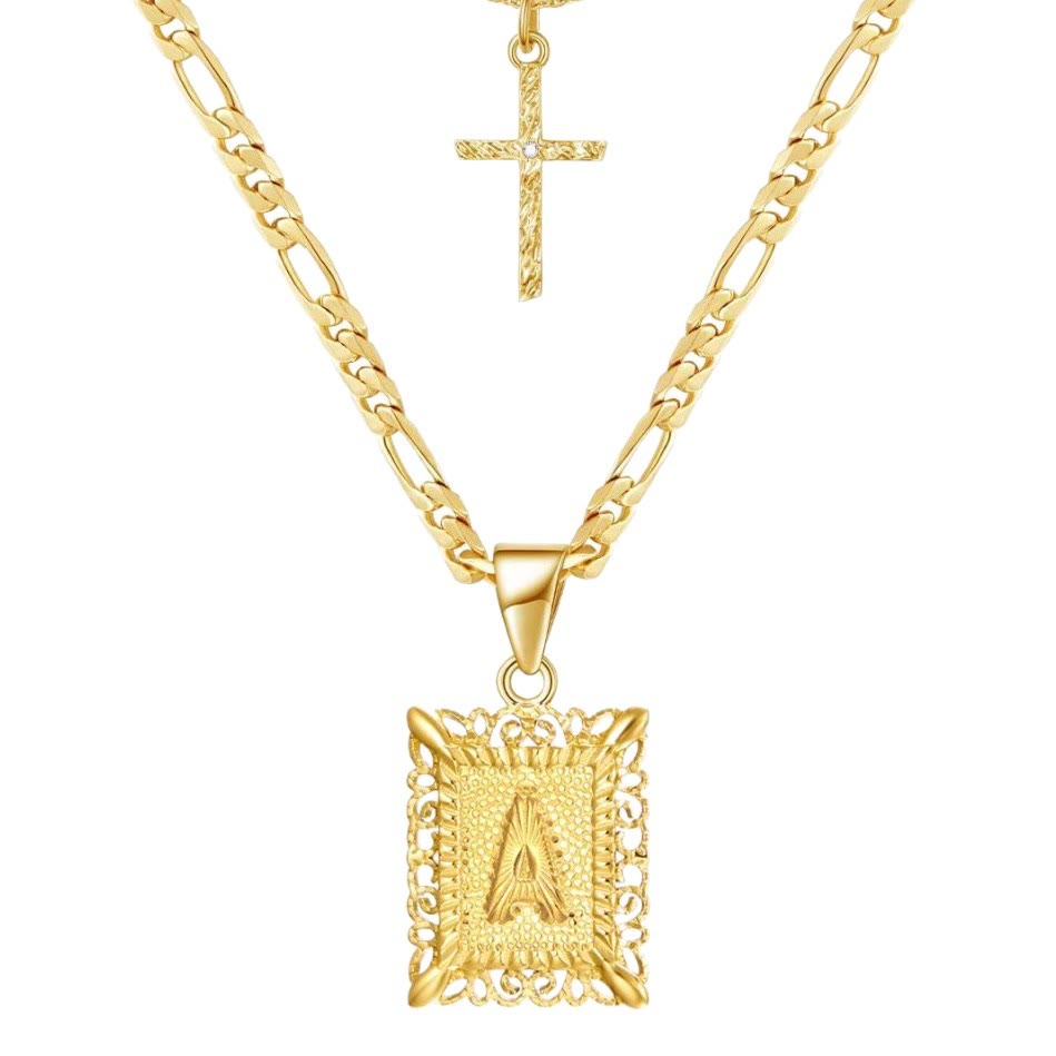 Collana con doppia catena cava con lettera quadrata dorata e croce - A - image 2