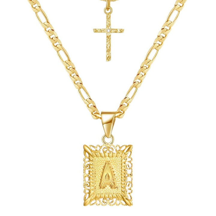 Collana con doppia catena cava con lettera quadrata dorata e croce - A - image 2