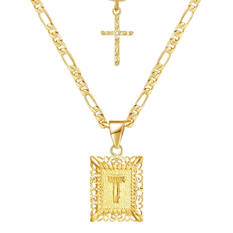 Collana con doppia catena cava con lettera quadrata dorata e croce - T - image 22