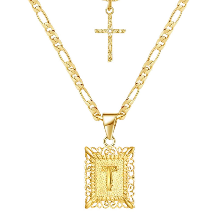 Collana con doppia catena cava con lettera quadrata dorata e croce - T - image 22