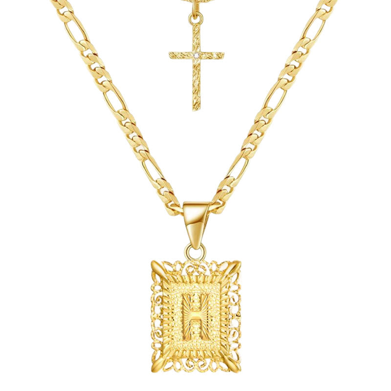Collana con doppia catena cava con lettera quadrata dorata e croce - H - image 10