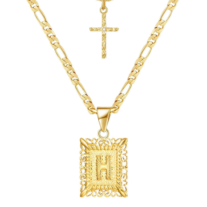 Collana con doppia catena cava con lettera quadrata dorata e croce - H - image 10