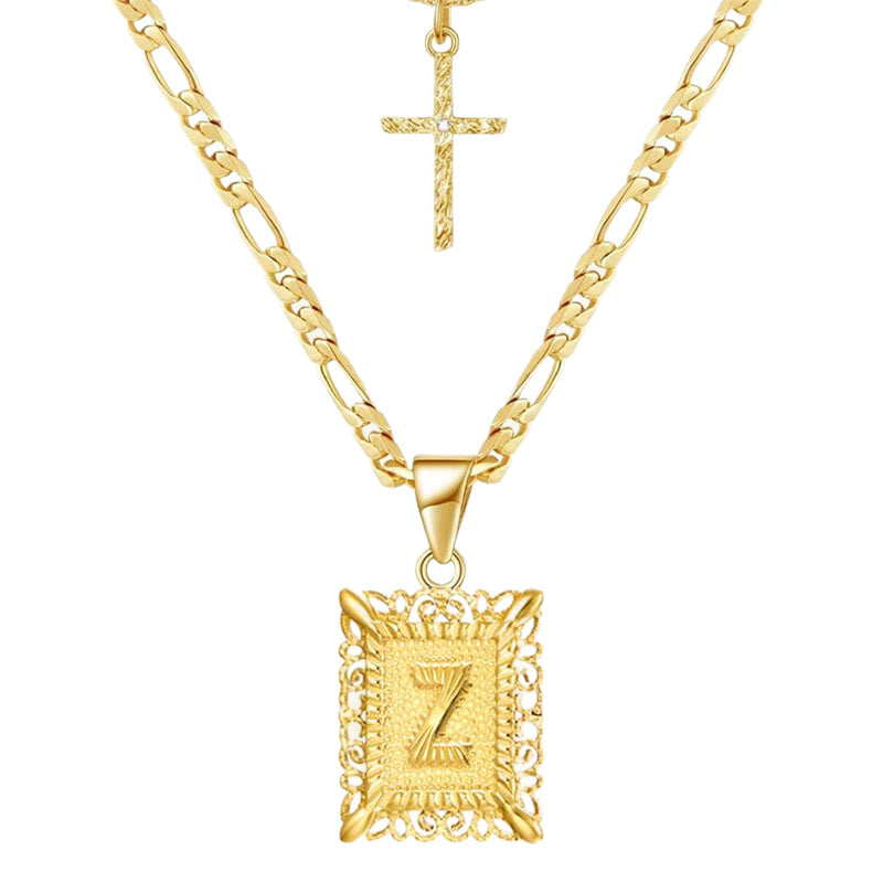 Collana con doppia catena cava con lettera quadrata dorata e croce - Z - image 28