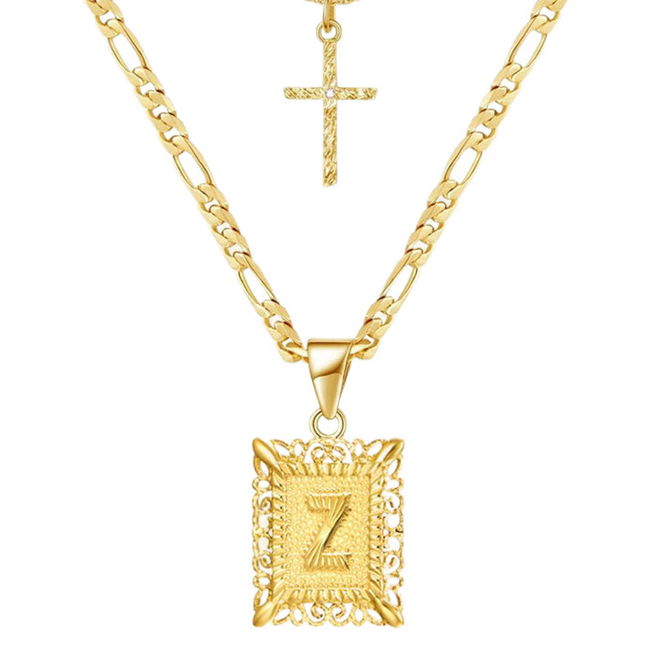 Collana con doppia catena cava con lettera quadrata dorata e croce - Z - image 28