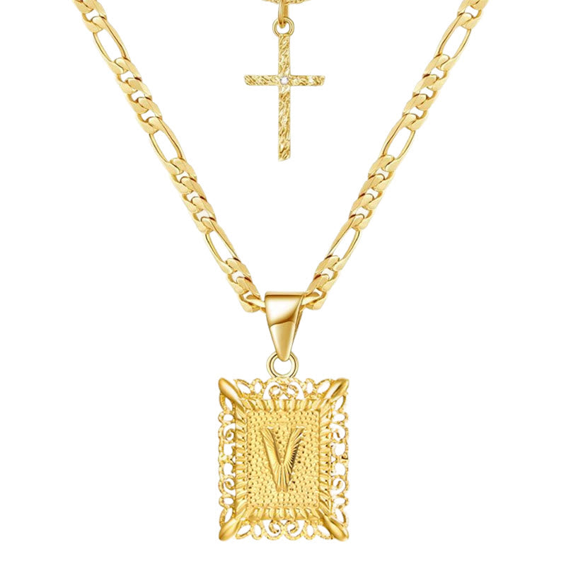 Collana con doppia catena cava con lettera quadrata dorata e croce - V - image 24