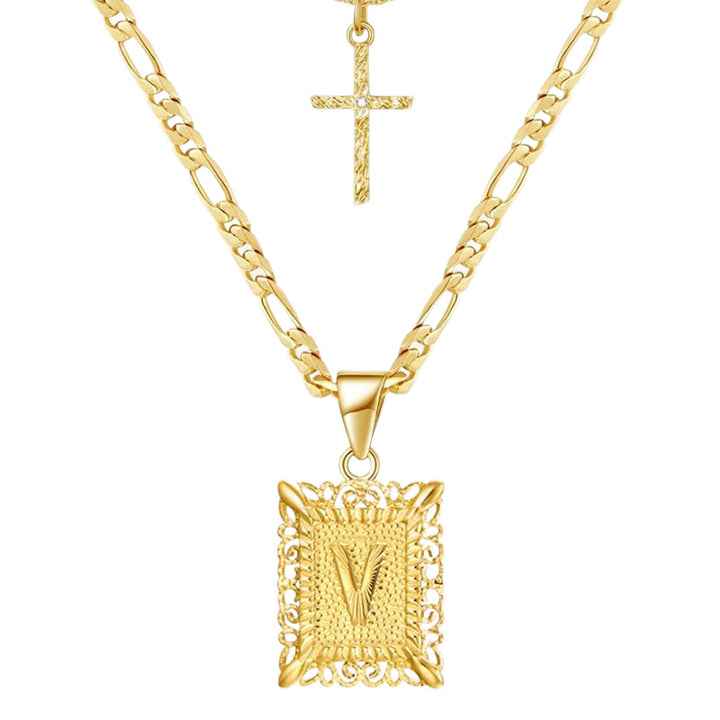 Collana con doppia catena cava con lettera quadrata dorata e croce - V - image 24