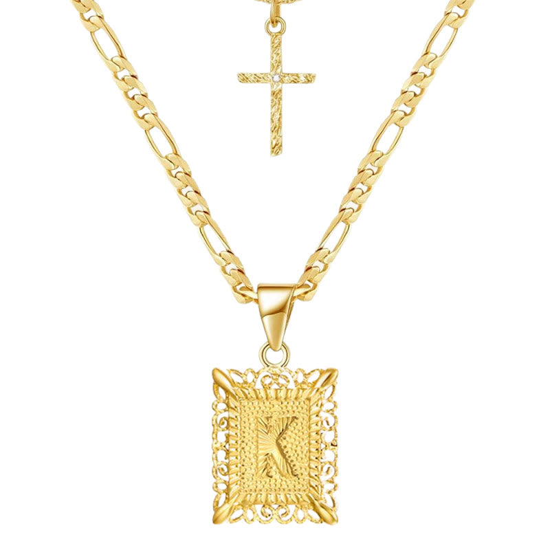 Collana con doppia catena cava con lettera quadrata dorata e croce - K - image 13