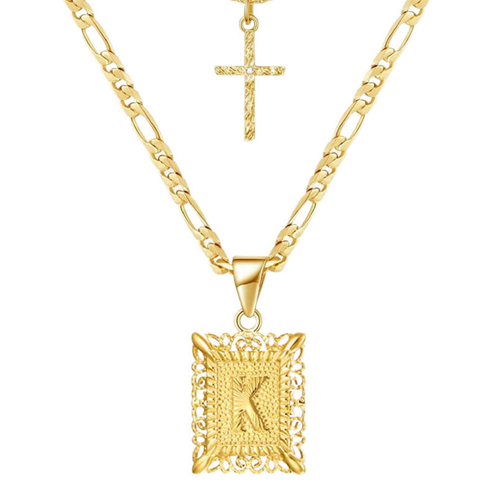 Collana con doppia catena cava con lettera quadrata dorata e croce - K - image 13