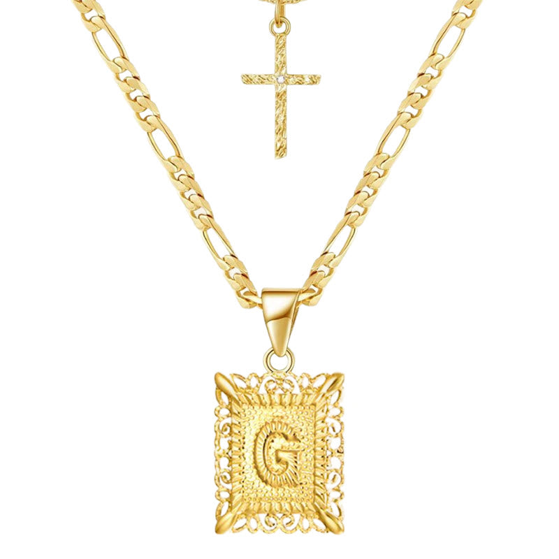 Collana con doppia catena cava con lettera quadrata dorata e croce - G - image 9