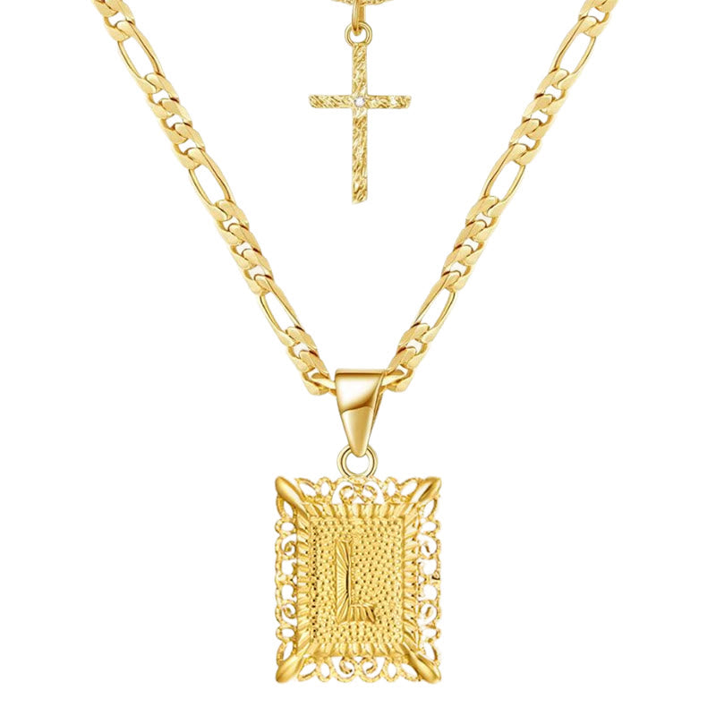 Collana con doppia catena cava con lettera quadrata dorata e croce - L - image 14