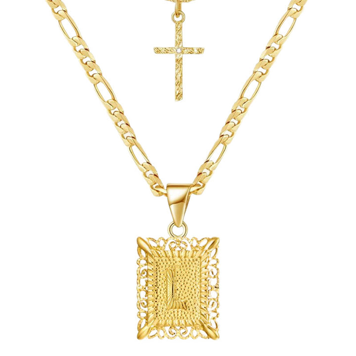 Collana con doppia catena cava con lettera quadrata dorata e croce - L - image 14