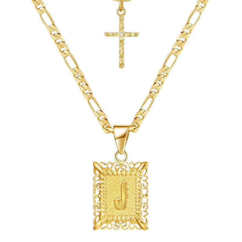 Collana con doppia catena cava con lettera quadrata dorata e croce - J - image 12