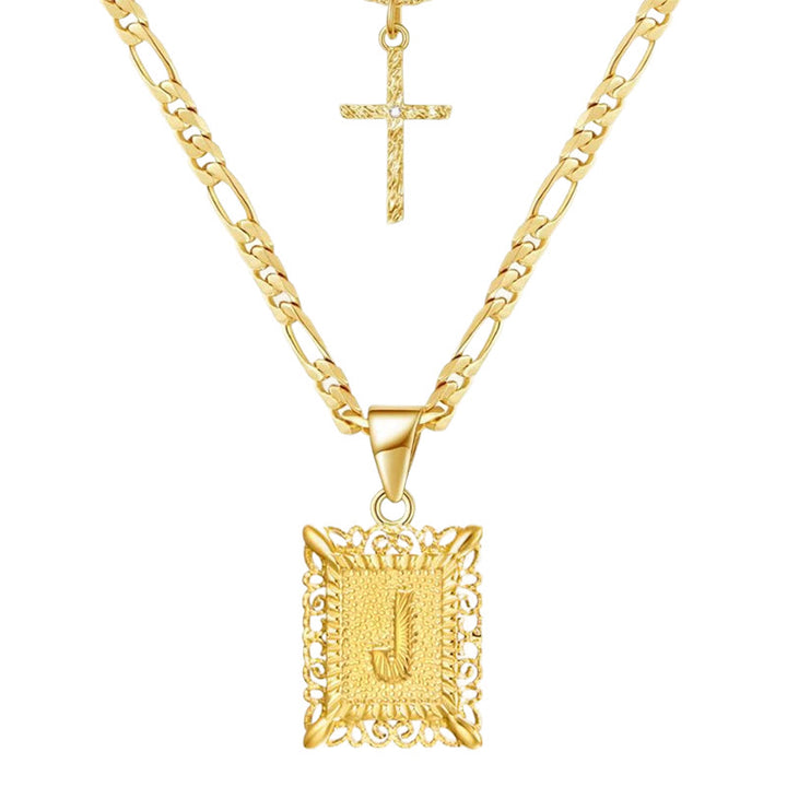 Collana con doppia catena cava con lettera quadrata dorata e croce - J - image 12