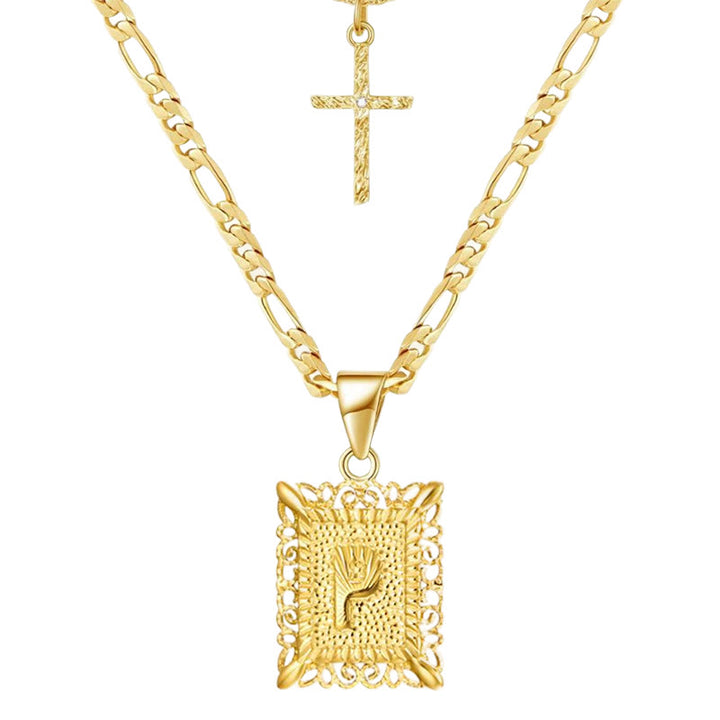 Collana con doppia catena cava con lettera quadrata dorata e croce - P - image 18