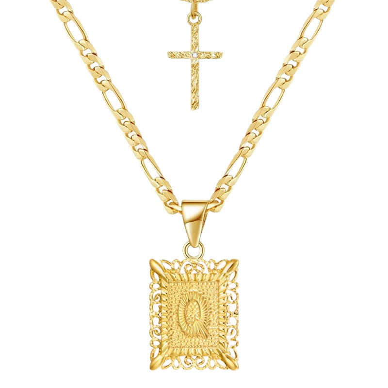 Collana con doppia catena cava con lettera quadrata dorata e croce - Q - image 19