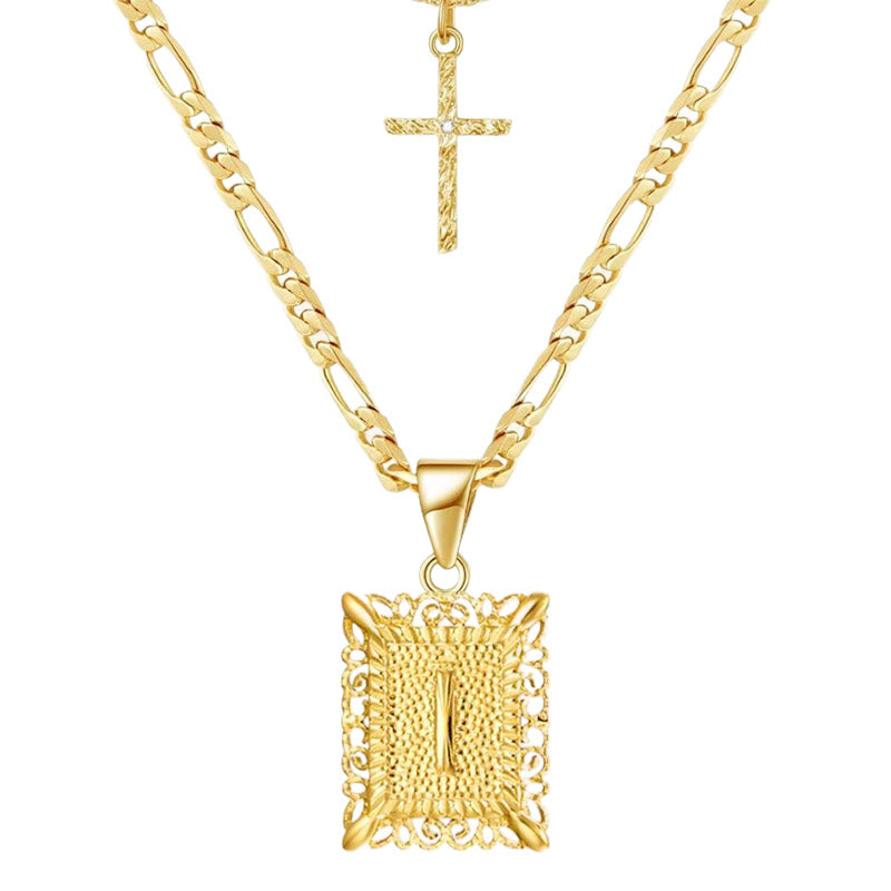Collana con doppia catena cava con lettera quadrata dorata e croce - I - image 11
