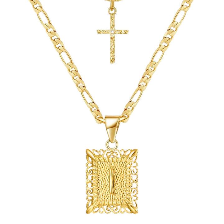 Collana con doppia catena cava con lettera quadrata dorata e croce - I - image 11