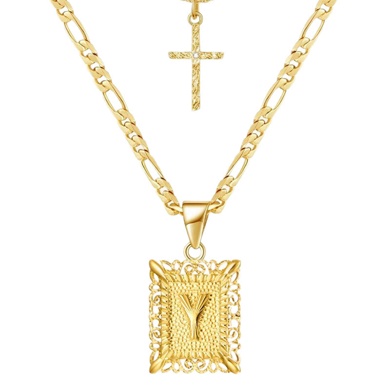 Collana con doppia catena cava con lettera quadrata dorata e croce - Y - image 27