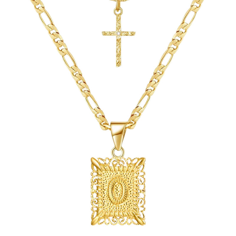 Collana con doppia catena cava con lettera quadrata dorata e croce - O - image 17