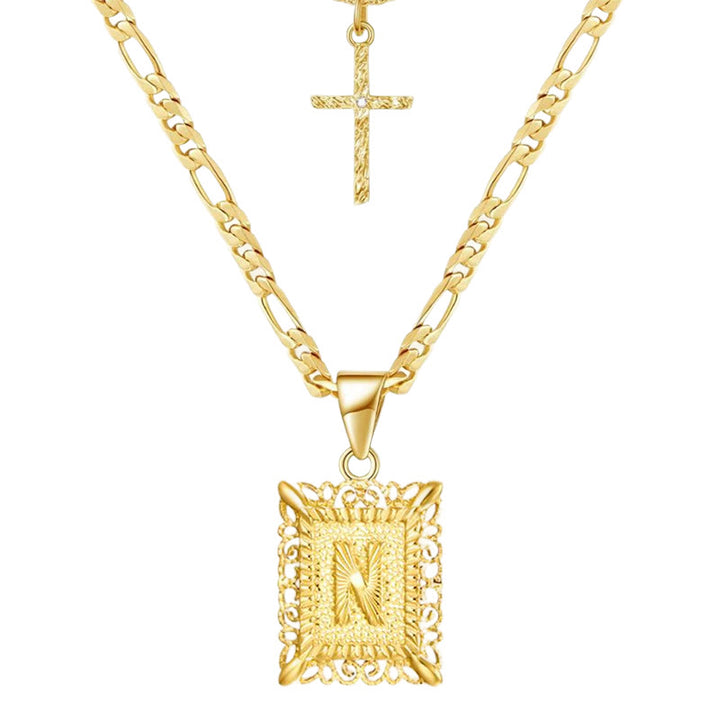 Collana con doppia catena cava con lettera quadrata dorata e croce - N - image 16