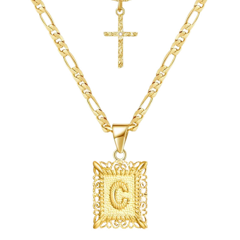 Collana con doppia catena cava con lettera quadrata dorata e croce - C - image 5