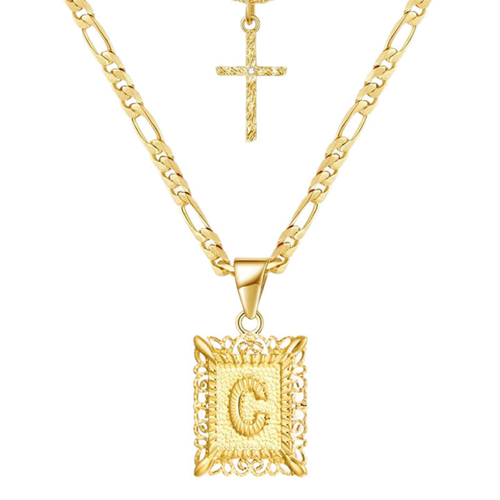 Collana con doppia catena cava con lettera quadrata dorata e croce - C - image 5