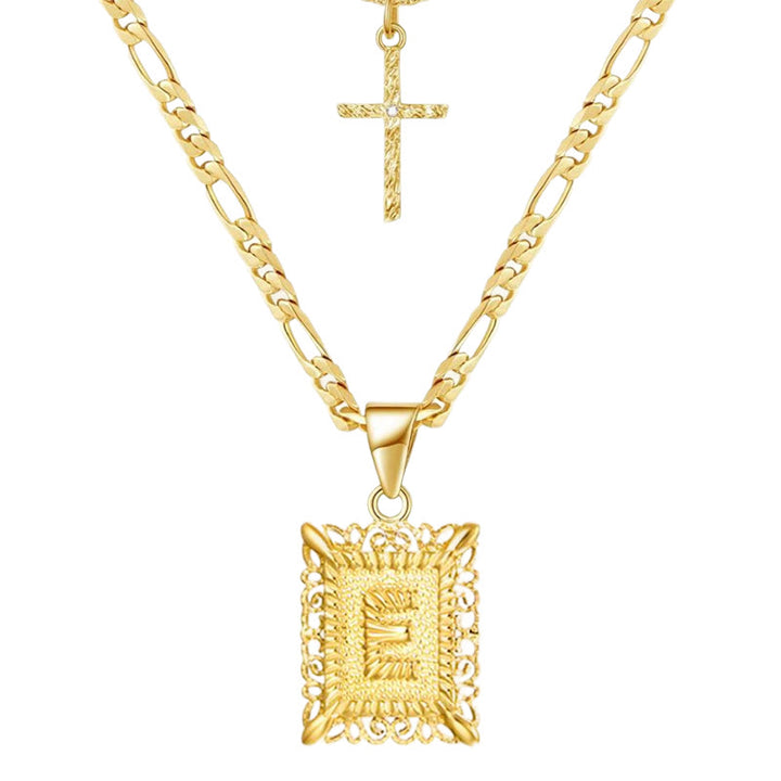 Collana con doppia catena cava con lettera quadrata dorata e croce - E - image 7