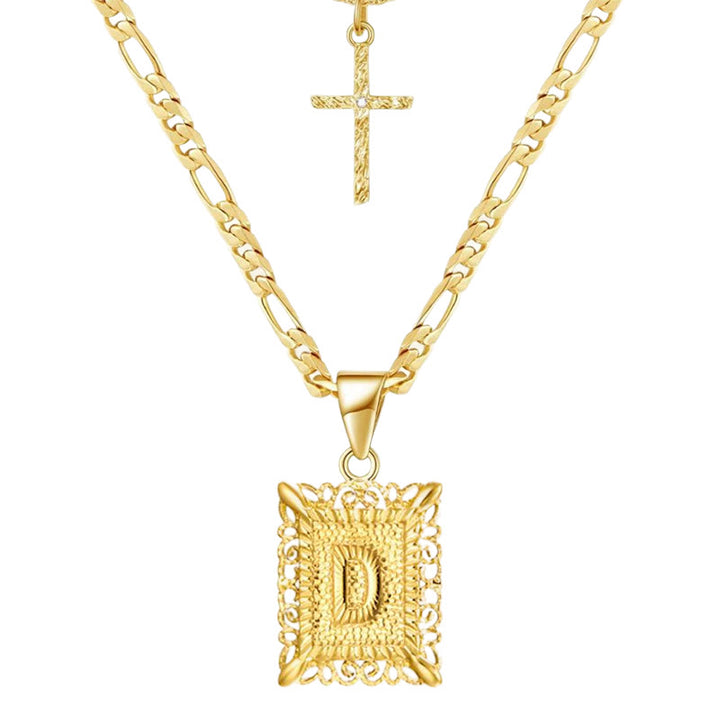 Collana con doppia catena cava con lettera quadrata dorata e croce - D - image 6