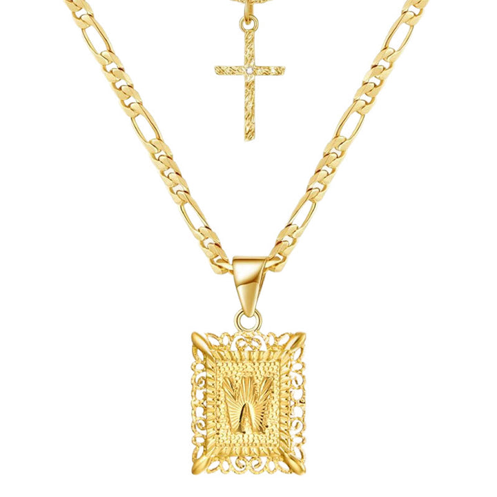 Collana con doppia catena cava con lettera quadrata dorata e croce - W - image 25