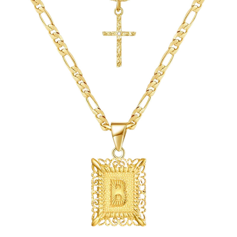 Collana con doppia catena cava con lettera quadrata dorata e croce - B - image 4