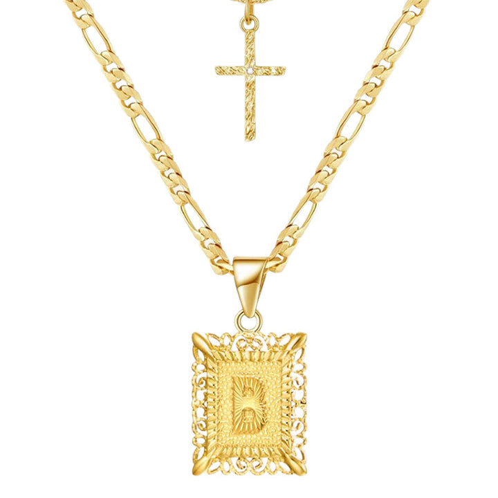 Collana con doppia catena cava con lettera quadrata dorata e croce - B - image 4
