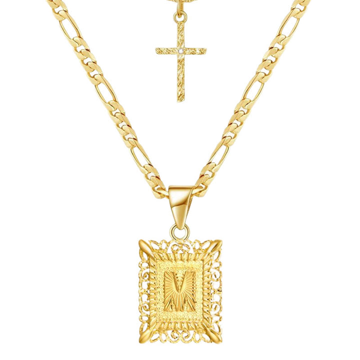 Collana con doppia catena cava con lettera quadrata dorata e croce - M - image 15