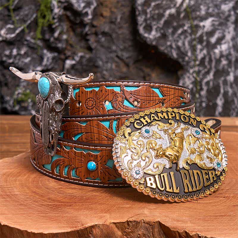 Set di ciondoli a forma di toro con corna lunghe color turchese, fibbia per cintura fai da te Bull Rider - Cavaliere del Toro - Cintura intagliata turchese - 42 - image 0