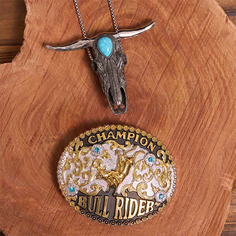 Set di ciondoli a forma di toro con corna lunghe color turchese, fibbia per cintura fai da te Bull Rider - Cavaliere del Toro - Senza cintura - Cintura non inclusa - image 1
