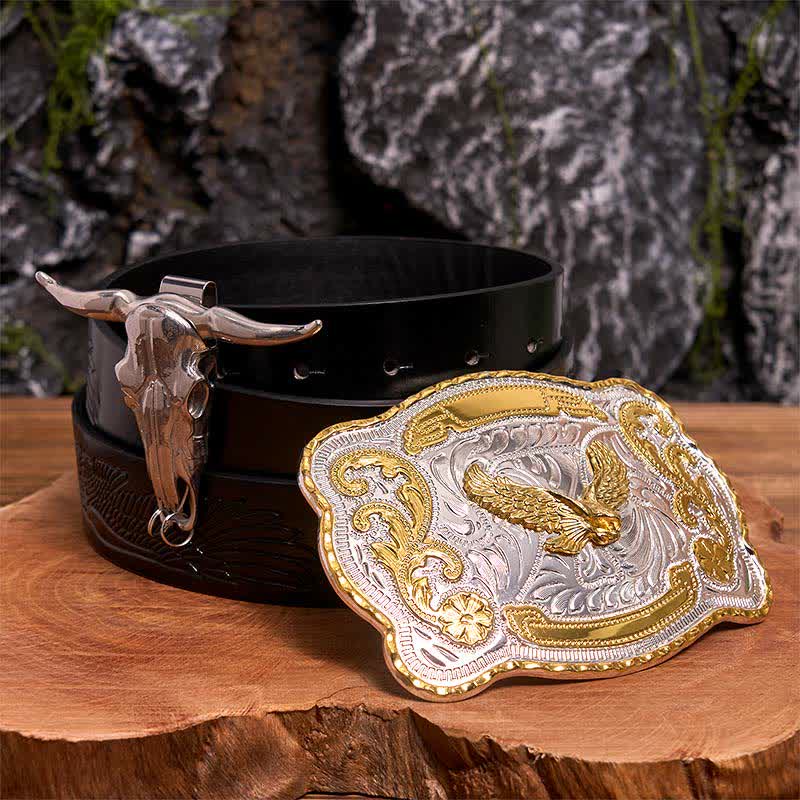Set di ciondoli fai da te con fibbia per cintura a forma di toro longhorn e aquila volante in oro - Aquila volante - Cintura con aquila in rilievo nera - 42 - image 0