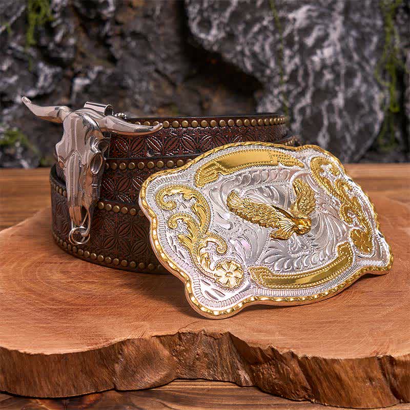 Set di ciondoli fai da te con fibbia per cintura a forma di toro longhorn e aquila volante in oro - Aquila volante - Cintura con rivetti marroni - 42 - image 4