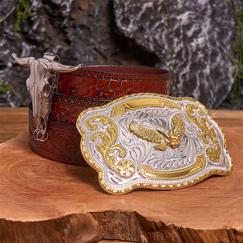 Set di ciondoli fai da te con fibbia per cintura a forma di toro longhorn e aquila volante in oro - Aquila volante - Cintura marrone intagliata - 42 - image 6