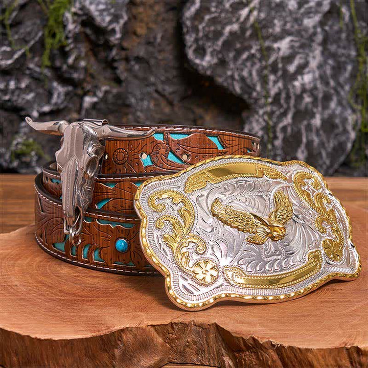 Set di ciondoli fai da te con fibbia per cintura a forma di toro longhorn e aquila volante in oro - Aquila volante - Cintura intagliata turchese - 42 - image 3