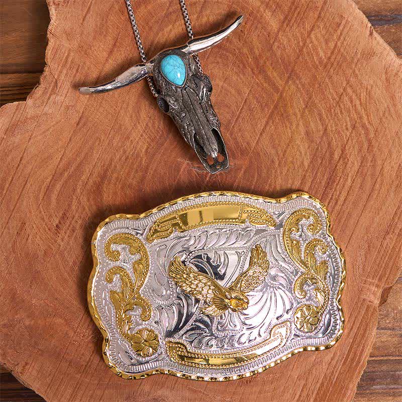 Set di ciondoli fai da te con fibbia per cintura Gold Eagle e toro dalle lunghe corna color turchese - Aquila volante - Senza cintura - Cintura non inclusa - image 1