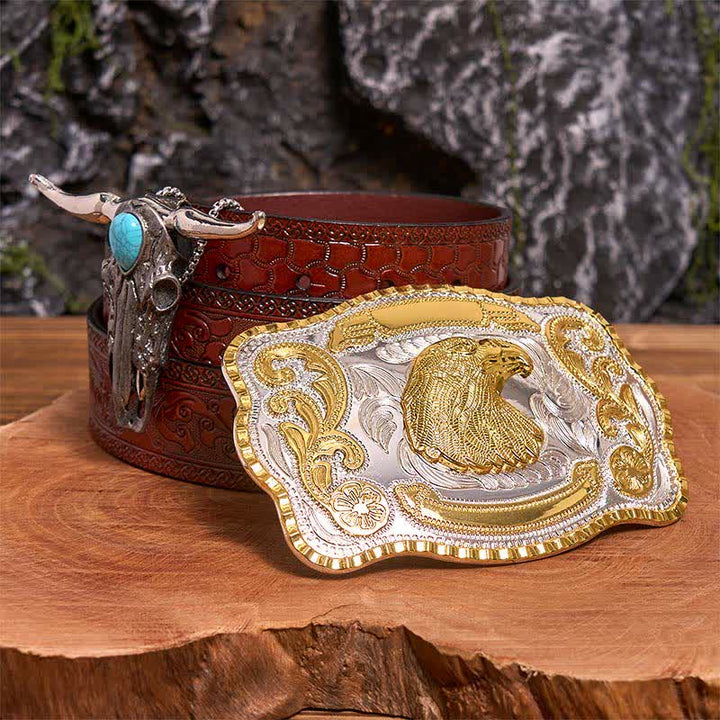Set di ciondoli a forma di toro con corna lunghe e fibbia per cintura fai da te a forma di testa d'aquila - Testa d'aquila - Cintura marrone intagliata - 42 - image 6