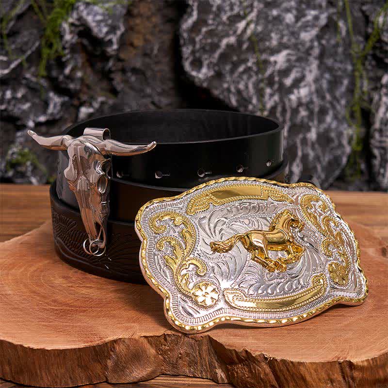 Set di ciondoli fai da te con fibbia per cintura a forma di toro longhorn e cavallo dorato - Cavallo - Cintura con aquila in rilievo nera - 42 - image 3