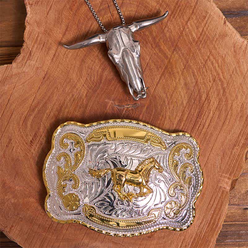 Set di ciondoli fai da te con fibbia per cintura a forma di toro longhorn e cavallo dorato - Cavallo - Senza cintura - Cintura non inclusa - image 1