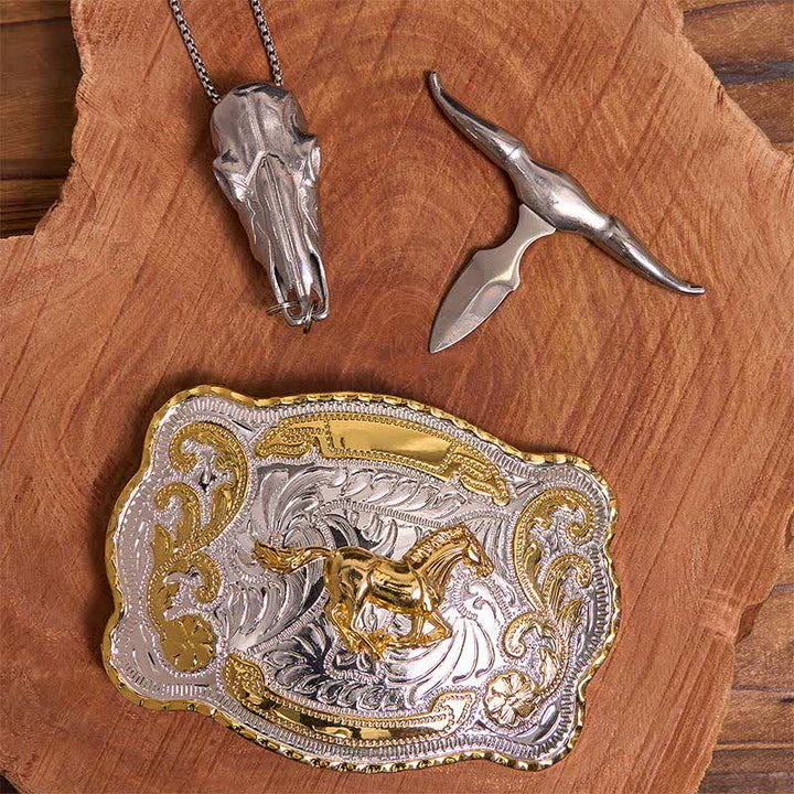 Set di ciondoli fai da te con fibbia per cintura a forma di toro longhorn e cavallo dorato - image 2