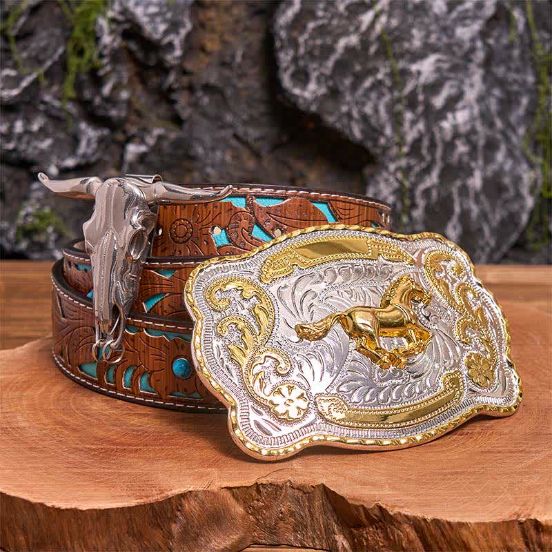 Set di ciondoli fai da te con fibbia per cintura a forma di toro longhorn e cavallo dorato - Cavallo - Cintura intagliata turchese - 42 - image 4