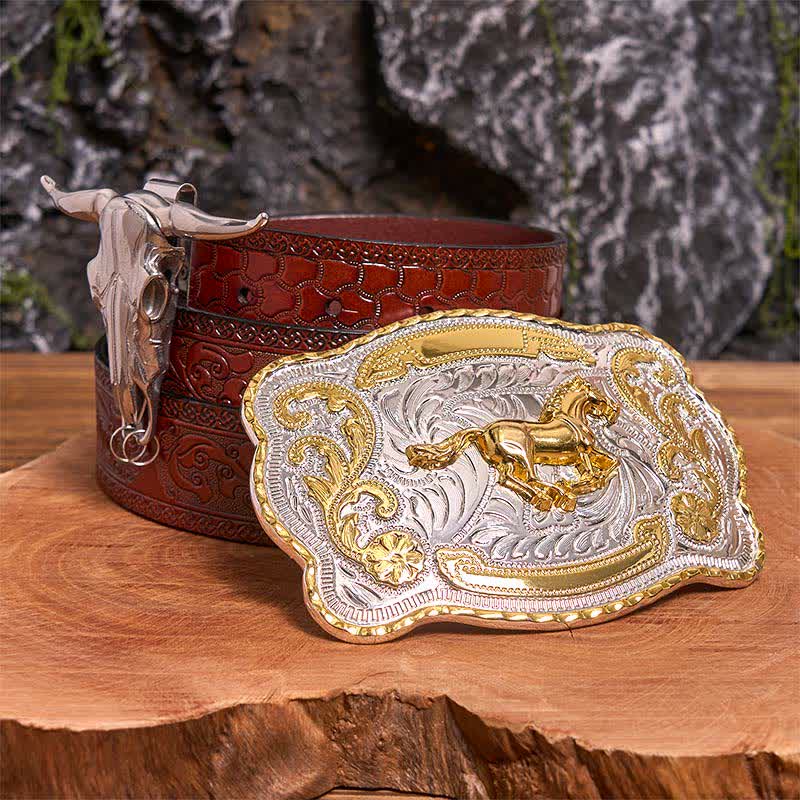 Set di ciondoli fai da te con fibbia per cintura a forma di toro longhorn e cavallo dorato - Cavallo - Cintura marrone intagliata - 42 - image 7