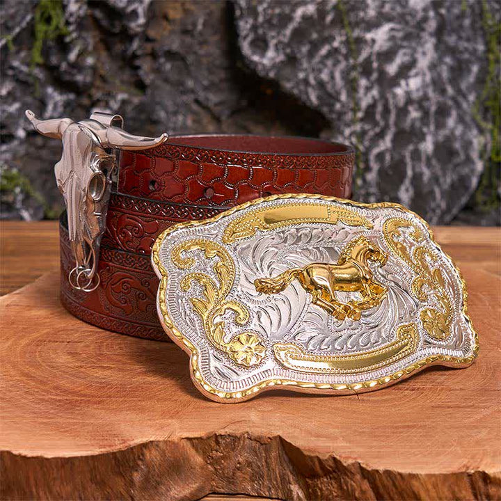 Set di ciondoli fai da te con fibbia per cintura a forma di toro longhorn e cavallo dorato - Cavallo - Cintura marrone intagliata - 42 - image 7