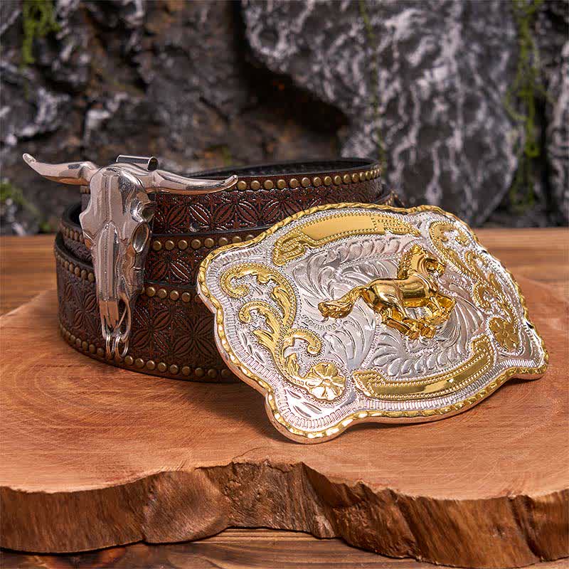 Set di ciondoli fai da te con fibbia per cintura a forma di toro longhorn e cavallo dorato - Cavallo - Cintura con rivetti marroni - 42 - image 5