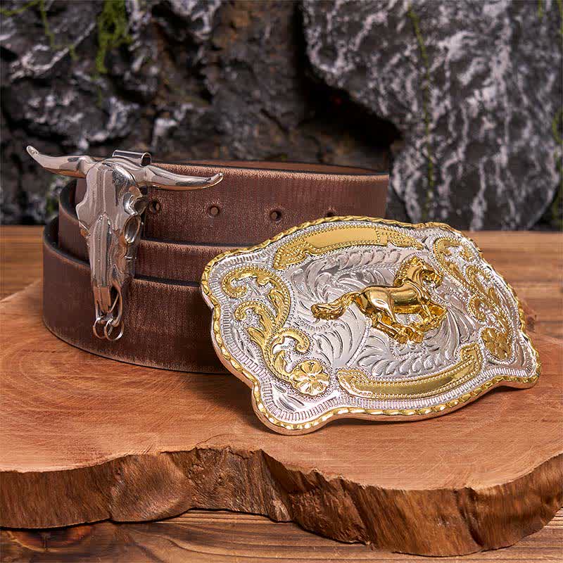 Set di ciondoli fai da te con fibbia per cintura a forma di toro longhorn e cavallo dorato - Cavallo - Cintura marrone anticata - 42 - image 6